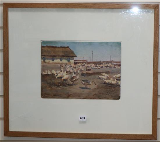 A Zepegamzara, oil on board, Geese in a yard, signed, 24 x 35cm.
